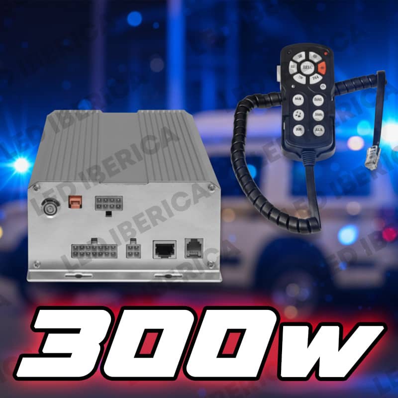 Centralita sirena 300w salida doble altavoz 12v o 24v con megafonia y control luces