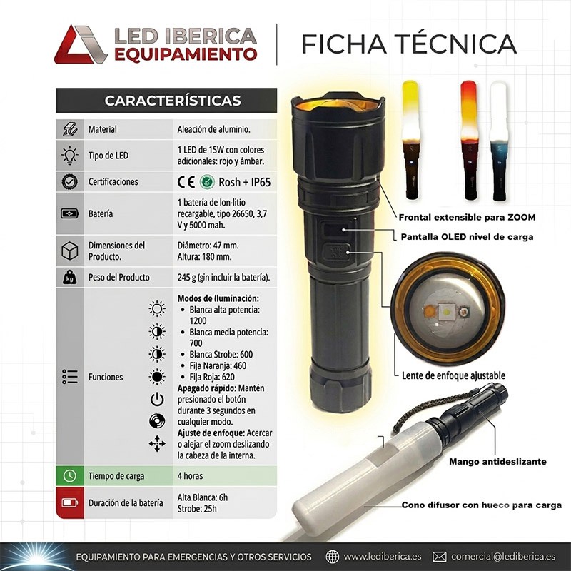 LINTERNA PROFESIONAL XT TRICOLOR CON CONO USB-C